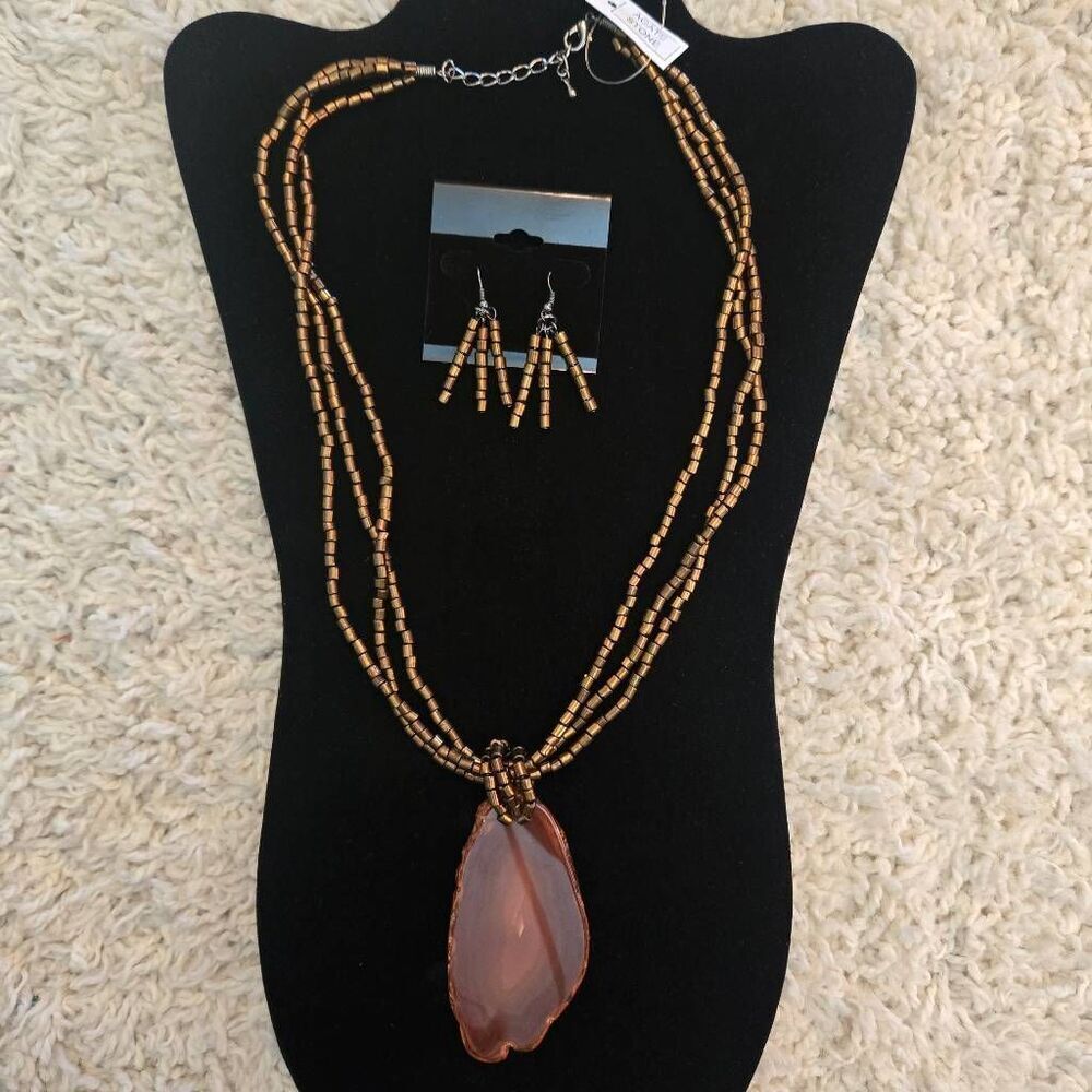 NEW Large Bronze Agate Stone and Bead Necklace with Earrings